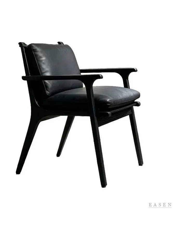 Black-Leather Wood-Arm Armchair — Restaurant Chair