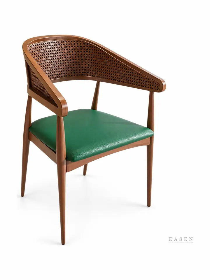 Dark-Cane Green-Leather Armchair — Café Chair