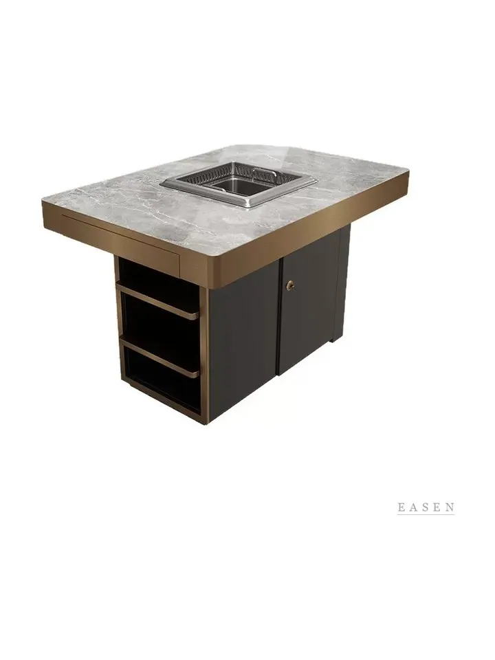Gold-Trim Stone Hotpot Table — Restaurant Table