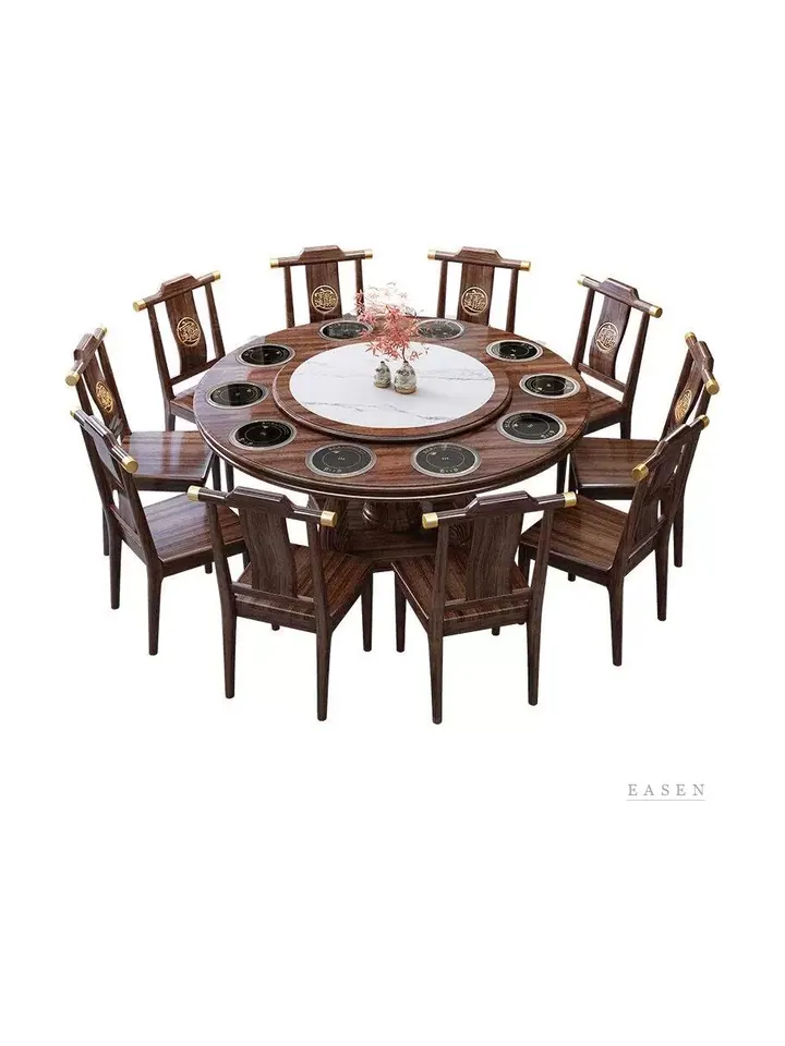Walnut Carved Round Hotpot Set — Restaurant Table