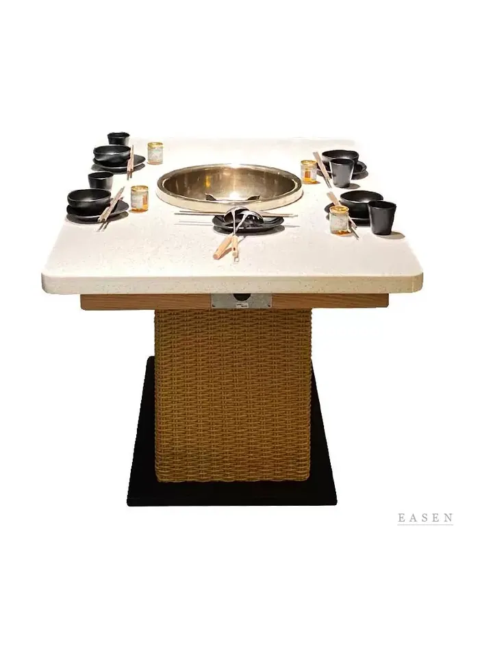 Rattan-Column Square Hotpot Table — Restaurant Table