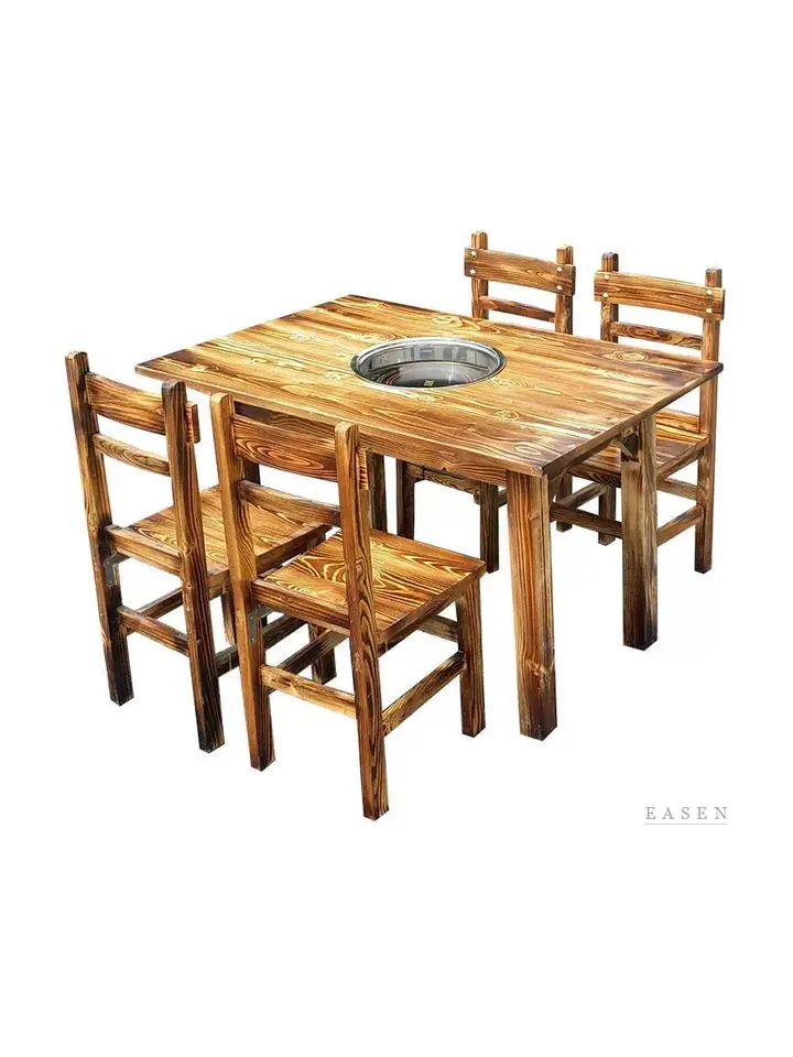 Burnt-Wood Slat-Back Hotpot Set — Restaurant Table