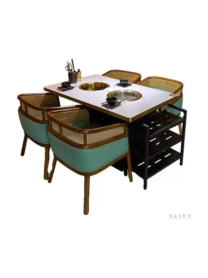 Double-Burner Rattan Hotpot Set — Restaurant Table