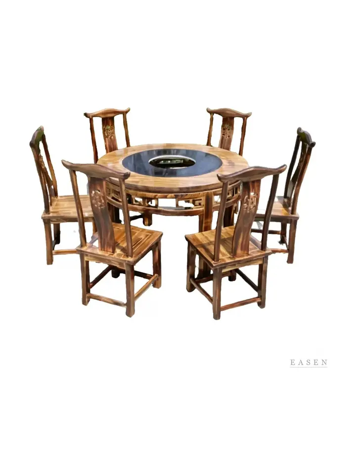 Carved Round Wood Hotpot Set — Restaurant Table