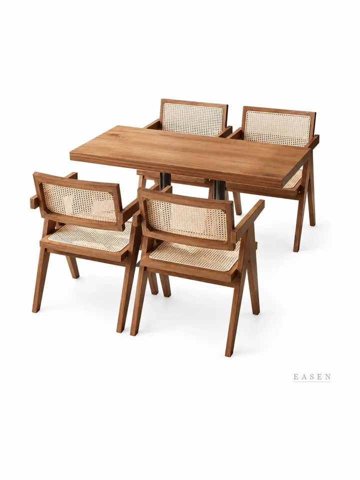 Teak-Tone Rattan Dining Set — Restaurant Table