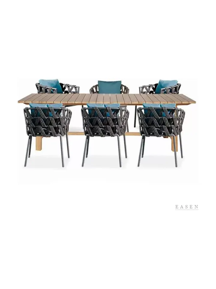 Teak-Slat Rope Armchair Dining Set — Restaurant Table