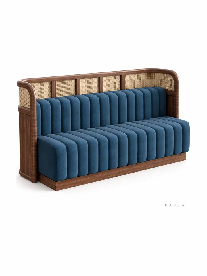 Deep-Blue Velvet Cane-Top Booth — Restaurant Booth seating