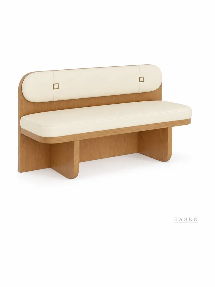 Cream Leather-Back Oak Bench — Café Chair