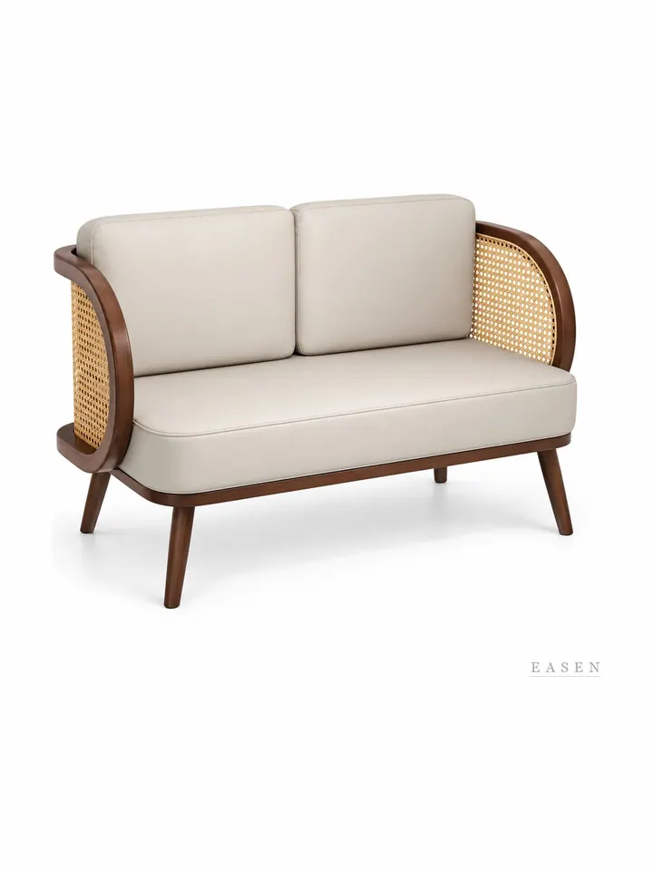 Cane-Arm Cream Two-Seat Sofa — Restaurant Booth seating